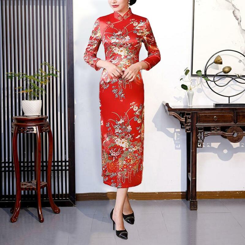 Vestido cheongsam retrô com estampa floral feminino, gola semi-alta, elegante estilo nacional chinês