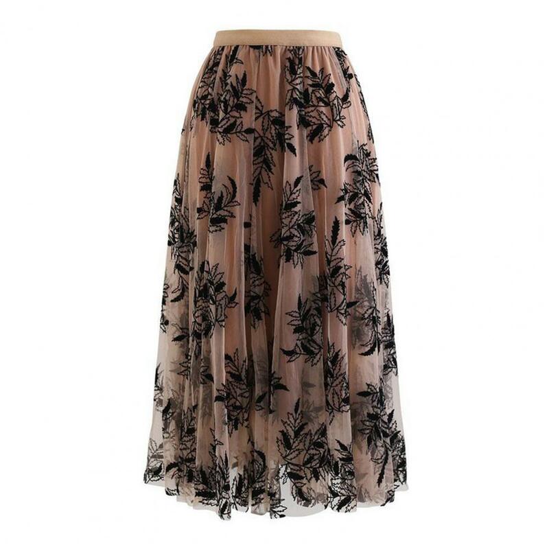 Falda larga abombada de malla para mujer, falda elegante con estampado de hojas bordadas en 3d, línea A, tul de malla de doble capa, diseño de cintura alta