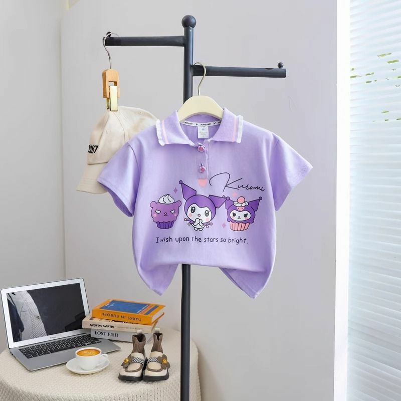 Sanrios Kids Short Sleeve Cute My Melody Cinnamoroll Kuromi Girls Cotton T-Shirt Fashion Half Sleeve Tops Summer Kids Clothes