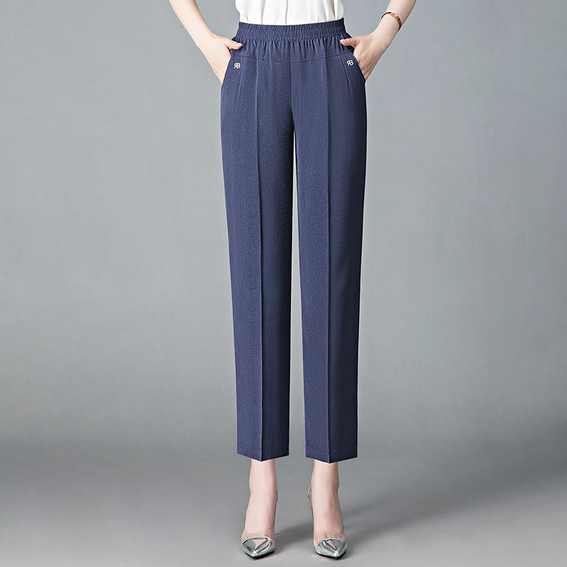 Vintage Loose Straight Pants Spring Summer Thin Women Streetwear Office Lady Casual Elastic High Waist Cropped Trousers