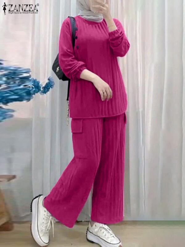 ZANZEA 여성용 캐주얼 바지 세트, 와이드 레그 바지, 단색 루즈 무슬림 복장, 골지 두비 긴팔 상의, 매칭 세트, 2 개
