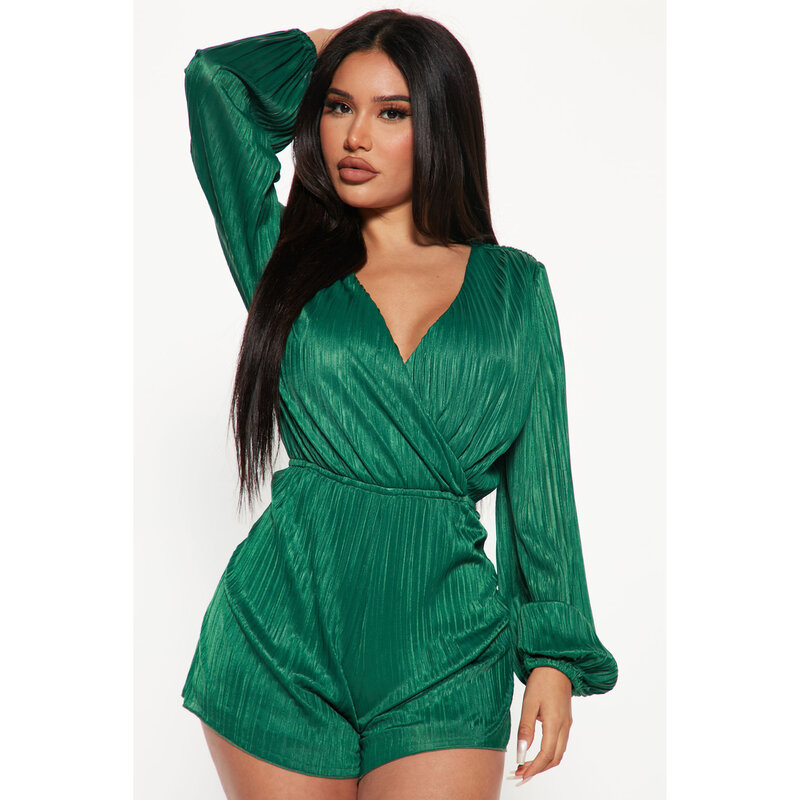 European And American Women's Autumn New Long Sleeve V-neck Fashion Temperament Waist Solid Color Simple Shorts Jumpsuit