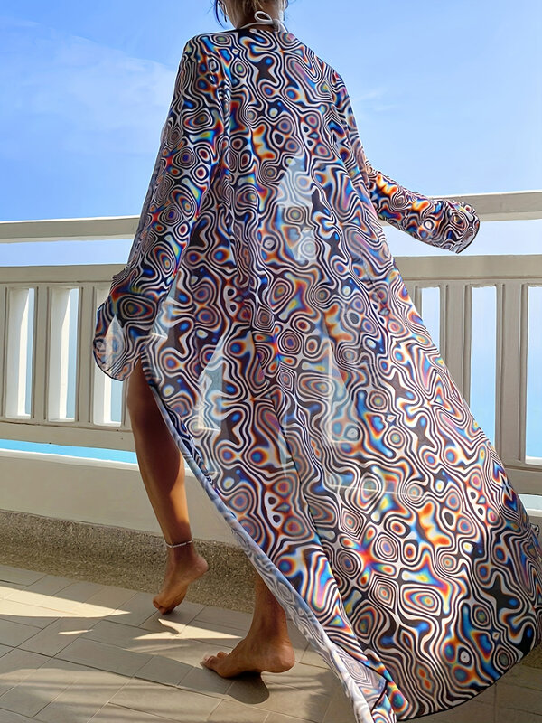 Kimono de plage à manches longues pour femmes, grande taille, imprimé, cover-up, une pièce, vêtements de plage, 2024