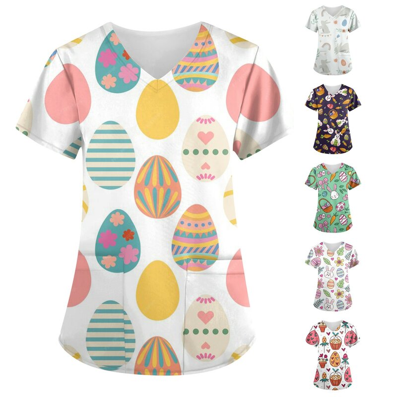 2024 Easter Floral Print T Shirt Tops Summer Working Uniform Animal Printed Slim Top Women Work Wear Nurse Uniforms Nursing