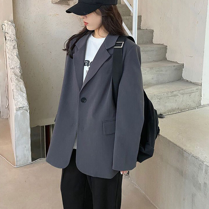 Scuyever-グレーのブレザー,韓国スタイル,長袖,十分なコート,シンプルなボタン,女性のためのシックなジャケット,春と秋