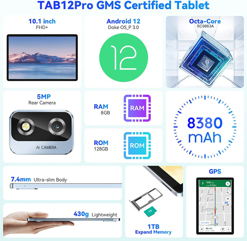 BEESITTO Tab X5 Pro Tablet z systemem Android 12.0 8GB + 128GB 10.1 '2k HD + wyświetlacz 8380 mAh bateria Unisoc SC9863A Tablet PC