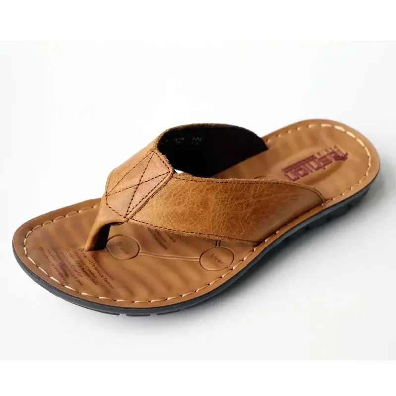 Chinelos de couro masculinos, sapatos de praia ao ar livre, chinelos casuais rasos, sandálias de dedo do pé antiderrapantes, tamanho grande, tendência