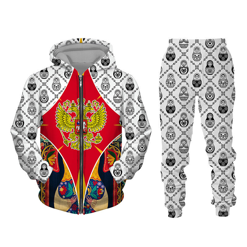 3D bendera Rusia dicetak Zip Hoodie + setelan celana keren pria/wanita 2 Pcs pakaian olahraga Set musim gugur dan musim dingin pakaian pria