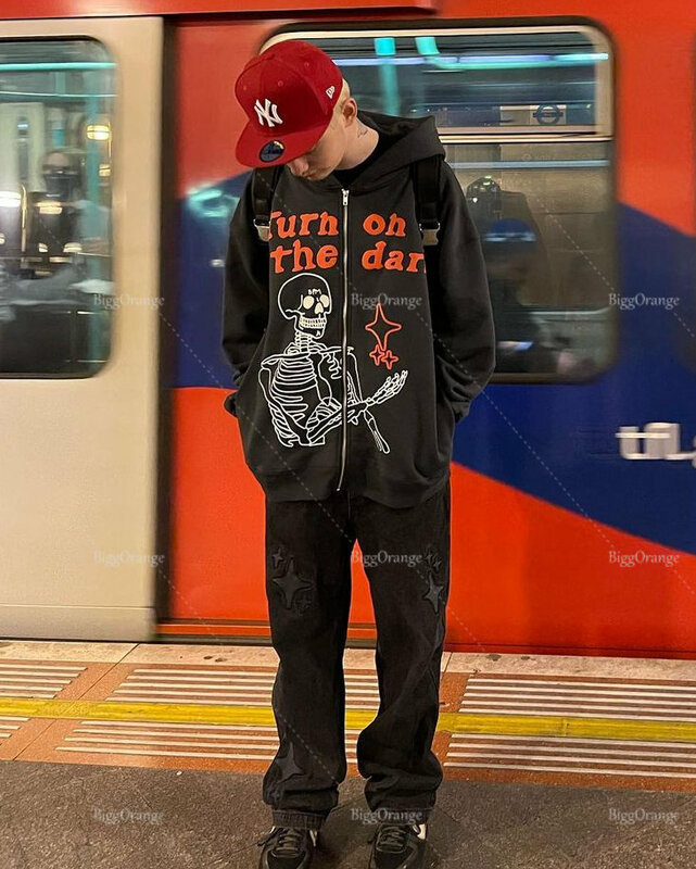 คุณภาพสูง Skull พิมพ์ Zip Up Hoodie Tracksuit ผู้ชายเสื้อผ้า Streetwear ขนาดใหญ่หลวม Harajuku Y2k Casual Vintage Sweatshirt