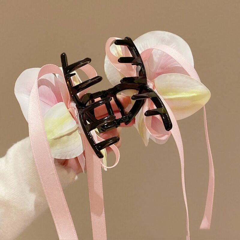Fashion Pink Orchid Flower Hair Claw Ribbon Tassel Hair Accessories Bohemia Hairpin Headdress Bridal Hair Ornament