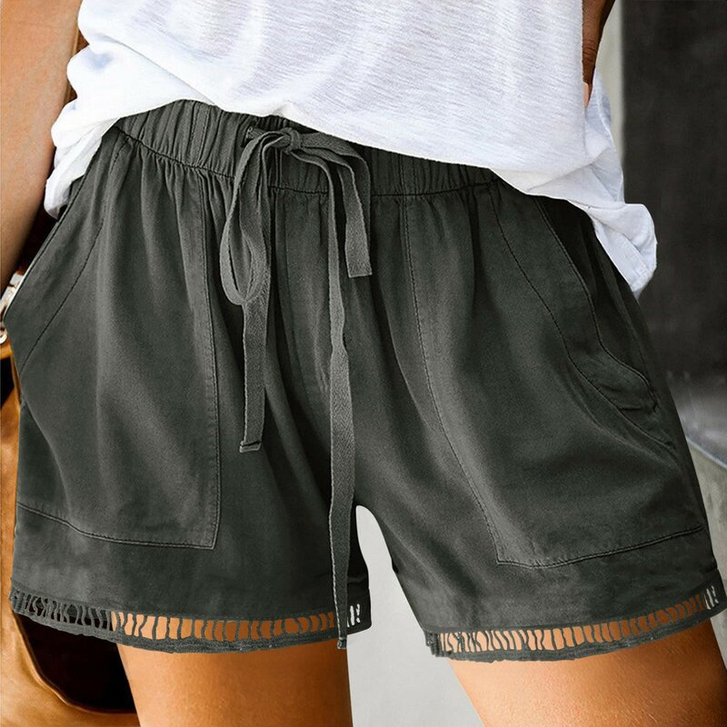 Women Solid Color Hollow Out Drawstring Belted Design Trim Cotton Linen Shorts Spring Summer Fashion Sexy Shorts Pants Pockets