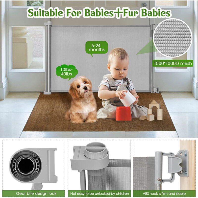 Grainbuds 휴대용 접이식 아기 안전 게이트, 애완 동물 장벽 메쉬 울타리, 알루미늄 플레이펜, 쉬운 설치, 가드레일 손잡이 디자인, 신제품