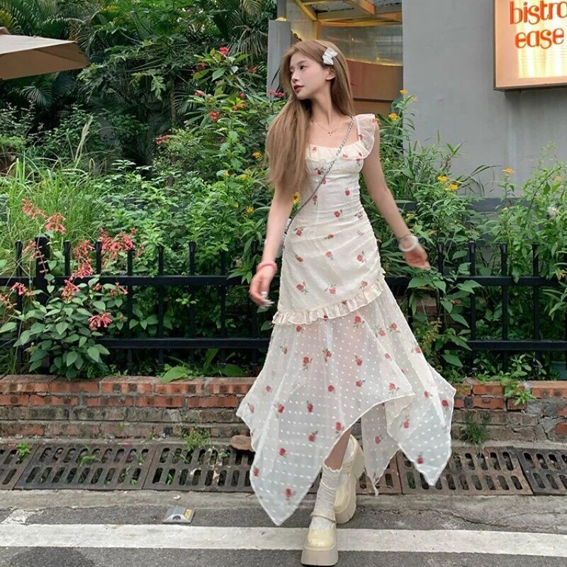 HOUZHOU elegante vestido Floral dulce, vestido Kawaii Resort, Tull sin mangas, Sexy, Irregular, Patchwork, vestidos largos de verano