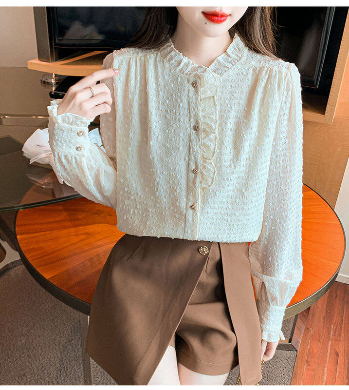 FANIECES, винтажная Свободная рубашка во французском стиле с воротником-стойкой и длинными рукавами для женщин, милые топы, элегантные офисные женские блузки, свободная юбка