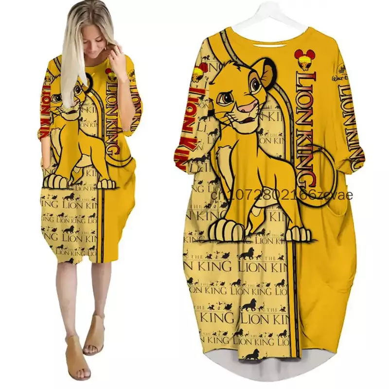 Disney Pluto abito tascabile Oversize a maniche lunghe Disney Cartoon Batwing Pocket Dress moda donna Versatile abito da festa allentato
