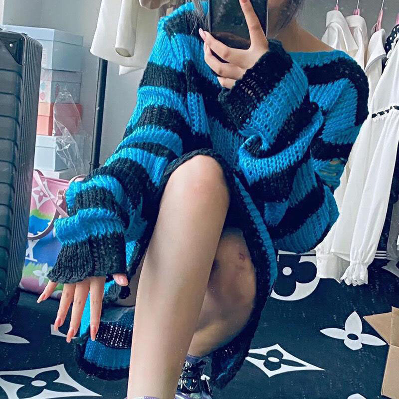 New Women's Clothing Pullovers perforated mid length female couples loose stripes dark versatile knitwear niche Jumpers Sweaters