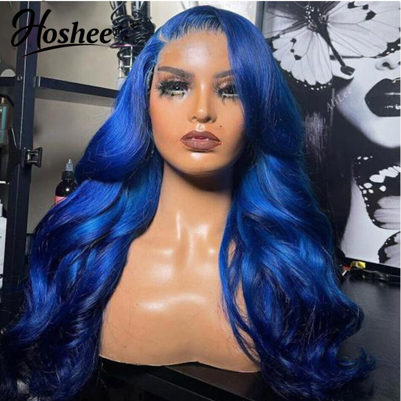 Pelucas brasileñas sin pegamento, cabello humano liso de color azul marino, 13x4 HD, encaje frontal transparente, prearrancado