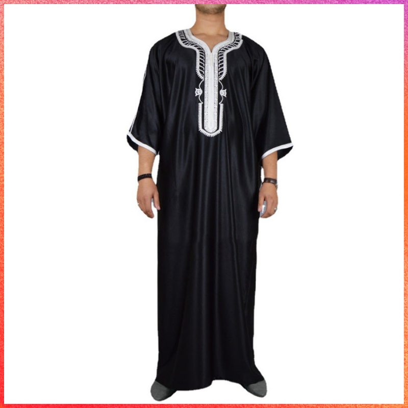 Heren 1 Stuks Lange Zwarte Moslim Kleding Jurken Abaya Midden Mouw Arabische Ronde Hals Islamic Effen Kleur Kaftan Maxi Dubai