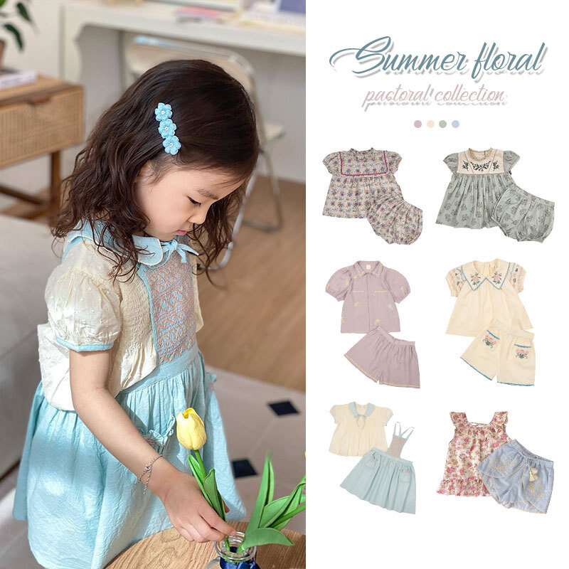 Koreański zestaw dziewczęcy 2024 Summer Girls Pastoral High Style Farm Style Heavy Industry Embroidered Flower Top Shorts 2PCS Set