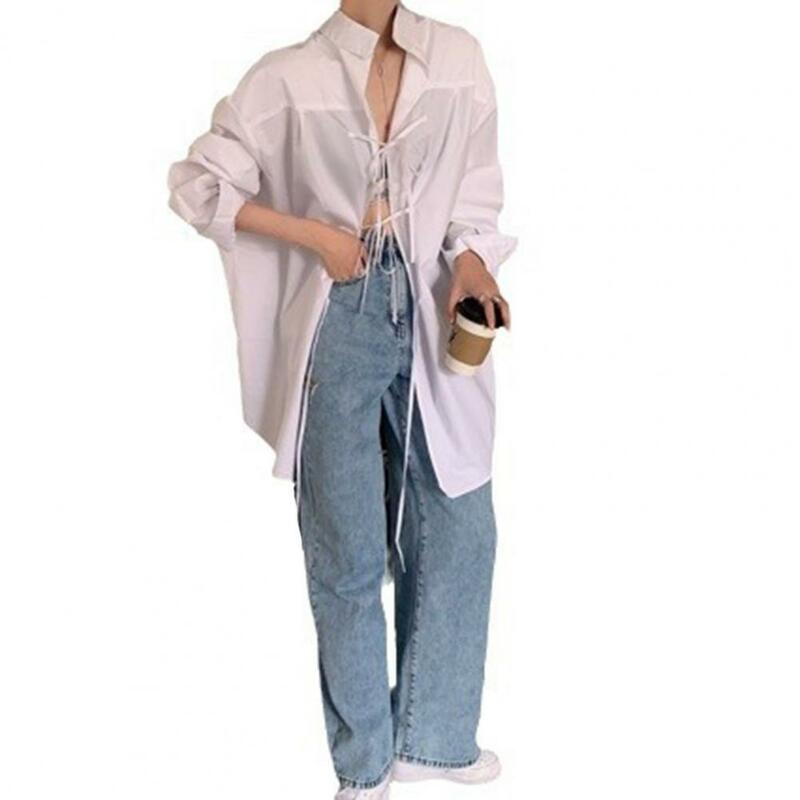 Camisa de solapa de manga larga para mujer, elegante camisa de pajarita de solapa con detalle en la espalda, elegante botonadura única para mujer