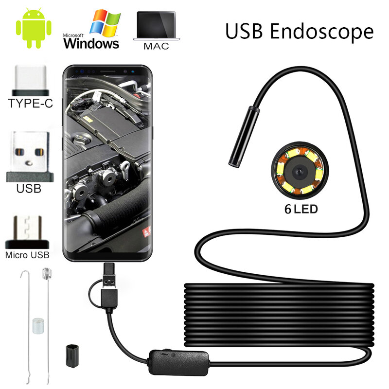 Endoscópio com lente de 5.5mm, ip67, 1/2/3.5/5/10 m, tubo flexível rígido, mirco, usb, boroscópio, inspeção de vídeo para android