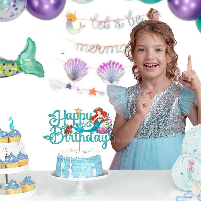 Disney A Pequena Sereia Bolo Toppers, Princesa Ariel Bolo Bandeira Decoração, Baby Shower, Meninas Birthday Party Decorações