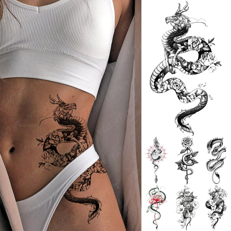 กันน้ำชั่วคราว Tattoo สติกเกอร์สีดำงูมังกร Peony Rose Totem แฟลช Tattoo ผู้หญิงผู้ชาย Dark เซ็กซี่เอวแขนเอวรอยสักปลอม