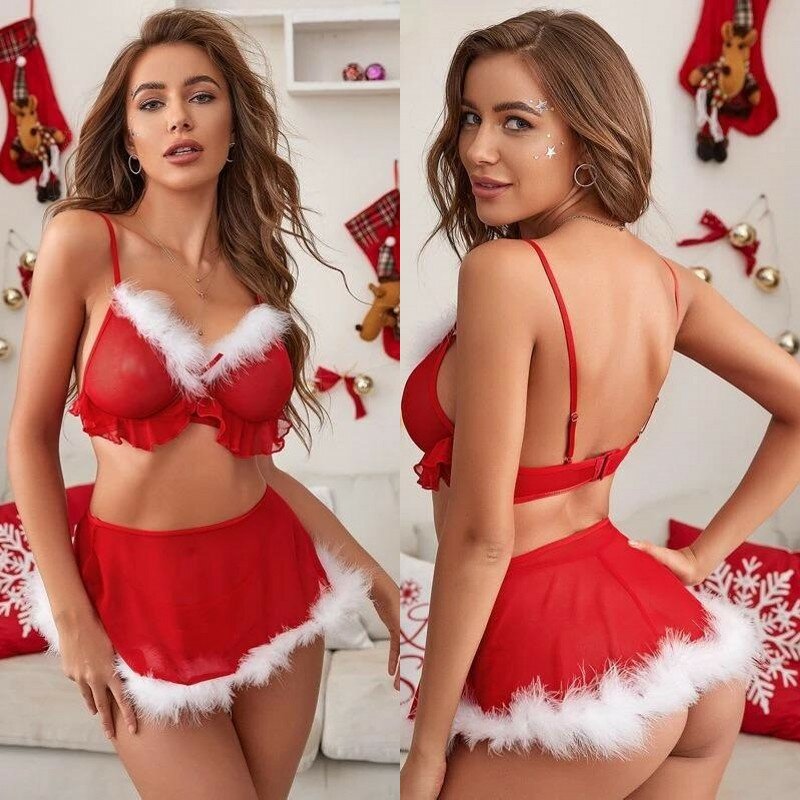 Kerstlingerie Sexy Hete Erotische Ondergoed Vrouwen Mini Transparant Nachthemd Porno Cosplay Kostuums Kanten Babydoll Nachtkleding