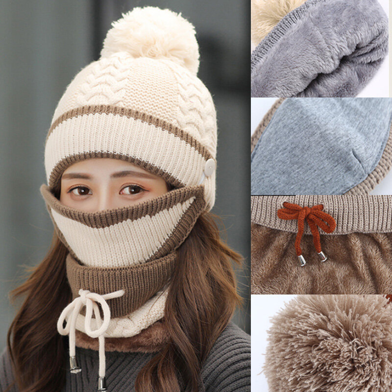4pcs Fashion Women Knitted Hat Gloves Scarf Set Windproof Keep Winter Thick Warmer Mask High Quality Outdoor Cycling Ski