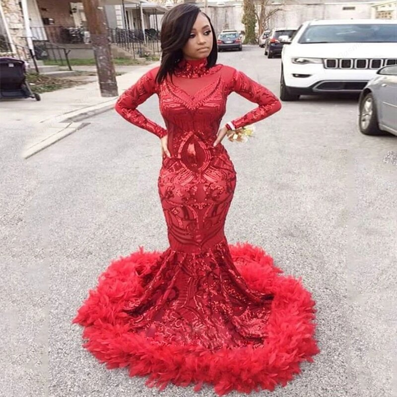 Red Prom Gowns for African American Full Sleeve Charming Mermaid Evening Dresses with Sequined High Neck Vestido De Noche New