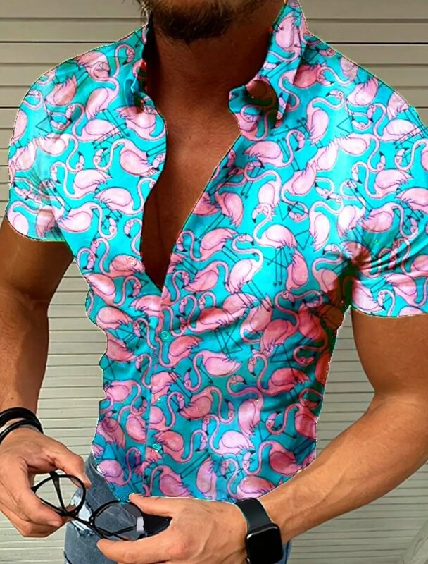 Camisa Aloha para hombre, camisa con estampado 3D de flamenco, ropa informal de manga corta para exteriores, ropa de diseñador, Harajuku