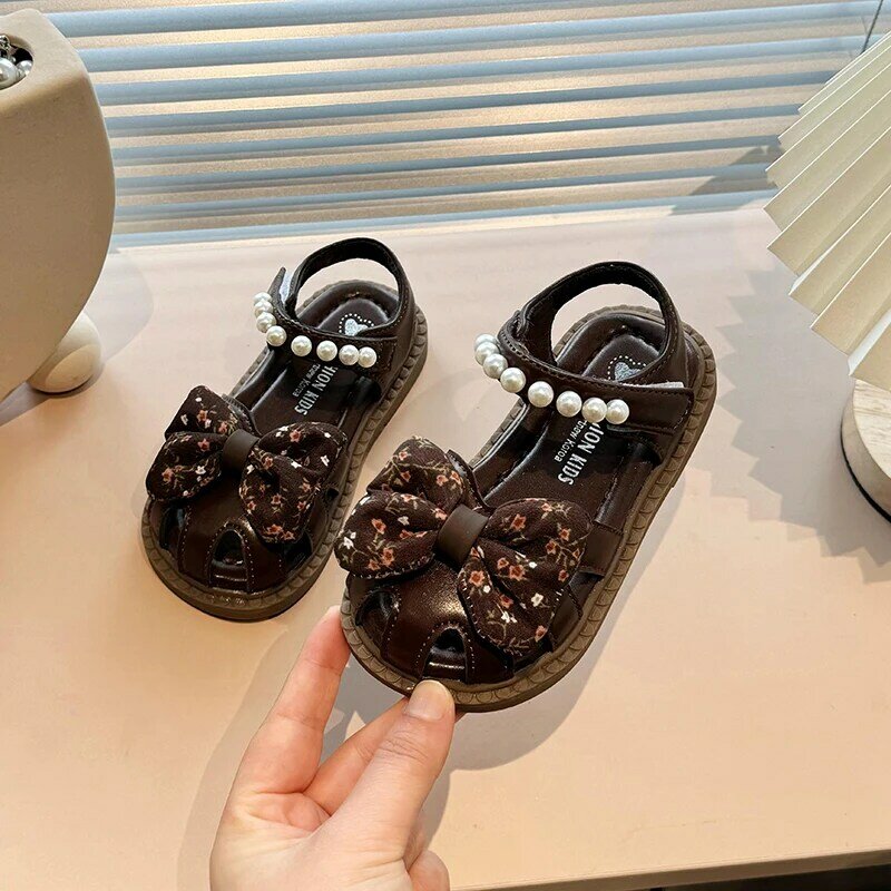 Children's Sandals Girl 2024 Summer New Girl's Baotou Beach Shoes Bow Soft Sole Princess Single Shoes Popular DDY8805