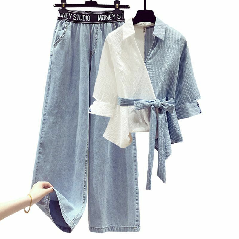 2022 Summer New Stitched Chiffon Shirt Female Set Elegant Women's Jeans Casual Blouse Two Piece Set Ladies Tracksuits