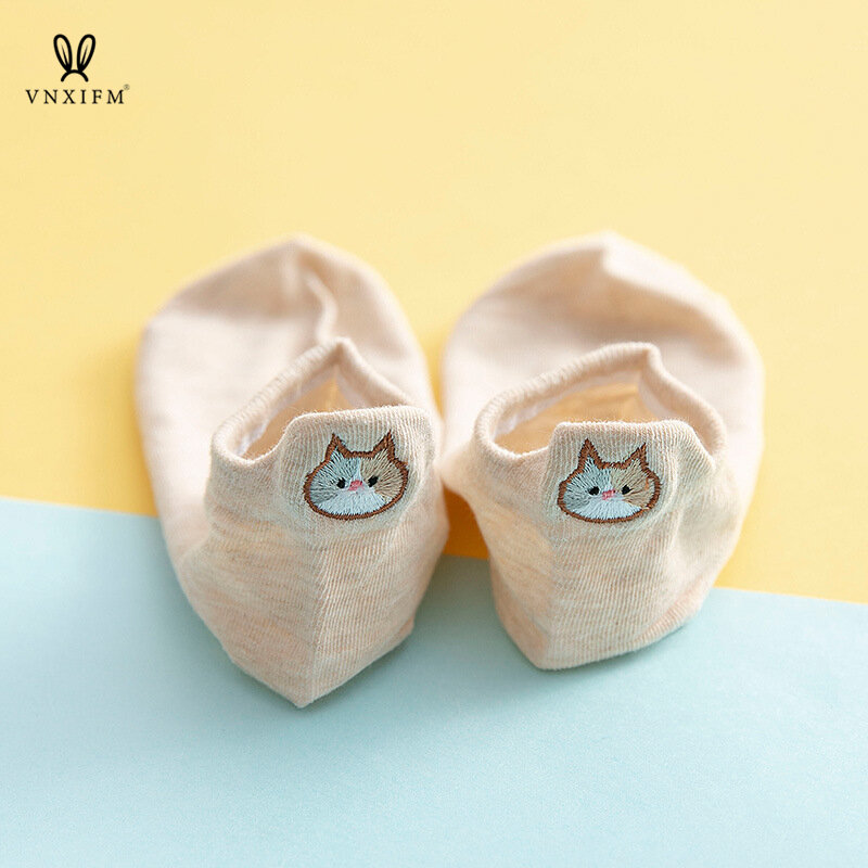 Calzini da donna gatto in puro cotone moda nuovo tacco calzini ricamati cartone animato tacco orecchie piccole calzini da barca tridimensionali per il tempo libero
