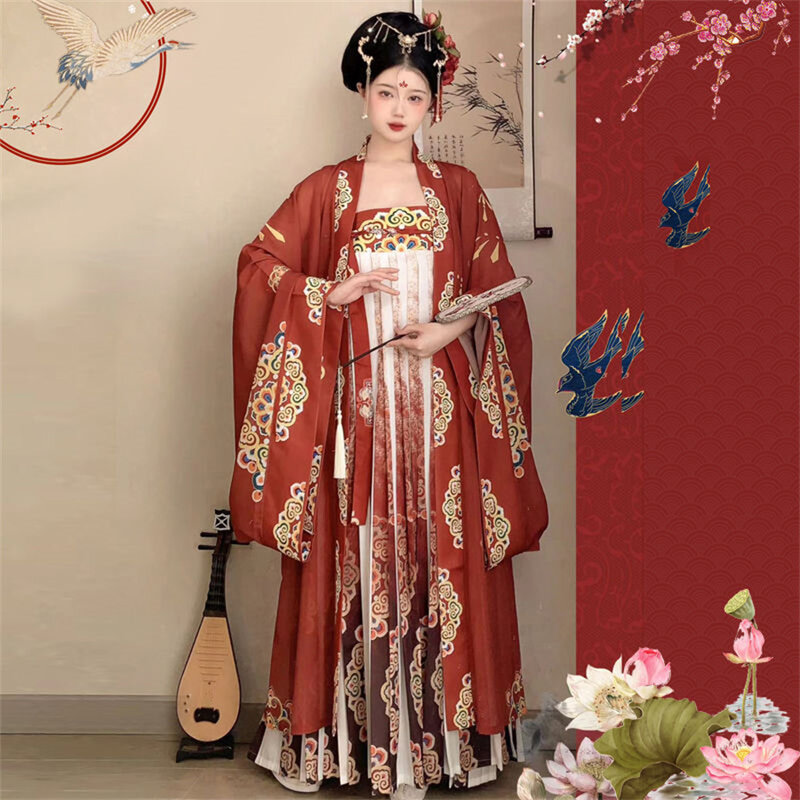 ชุดจีนฮั่นฝูของผู้หญิงแบบย้อนยุคนางฟ้าโบราณชุดเต้นรำบนเวทีลายดอกไม้ชุดปาร์ตี้แบบดั้งเดิมราชวงศ์ถัง