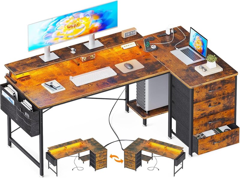ODK 63" Reversible L Shaped Computer Desk with 4-Tier Fabric Drawers, Gaming Desk with LED Lights & USB Power Outlets