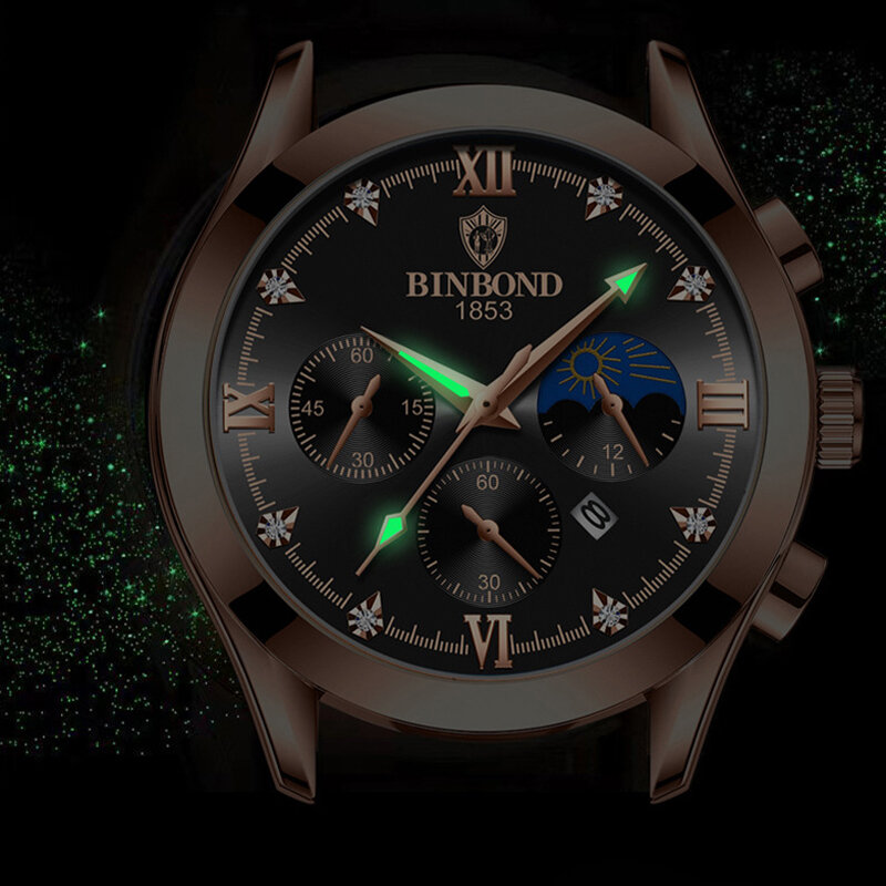 BINBOND-Montre-bracelet à quartz de luxe pour homme, étanche, chronographe Shoous, date, montres décontractées en cuir pour homme, affaires