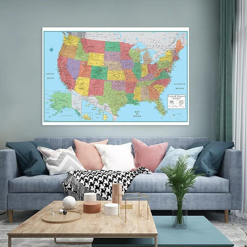 Pegatina de tela no tejida plegable para decoración de pared de habitación, suministros educativos de oficina en inglés, mapa de la administración americana, 120x80cm