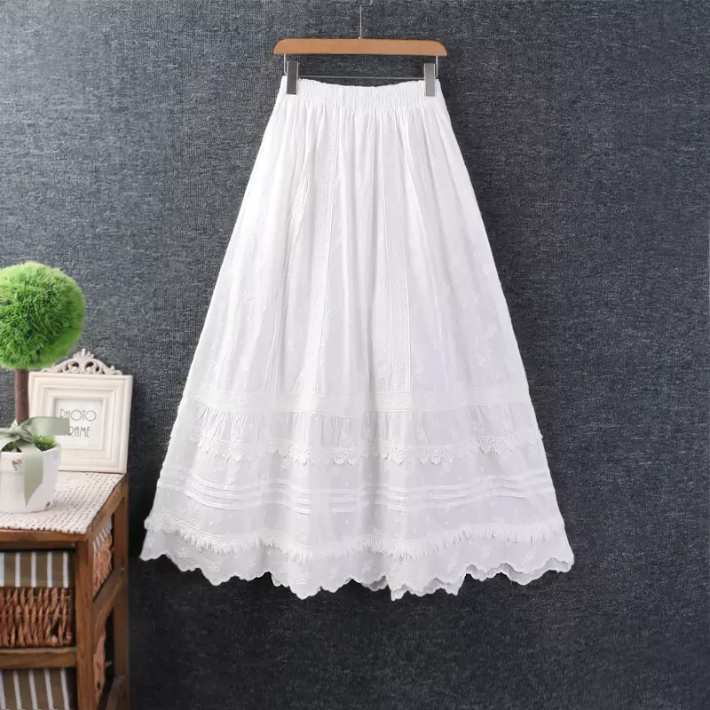 Falda holgada de algodón y lino con cintura elástica para mujer, falda de encaje de chica Mori, estilo japonés, primavera y verano