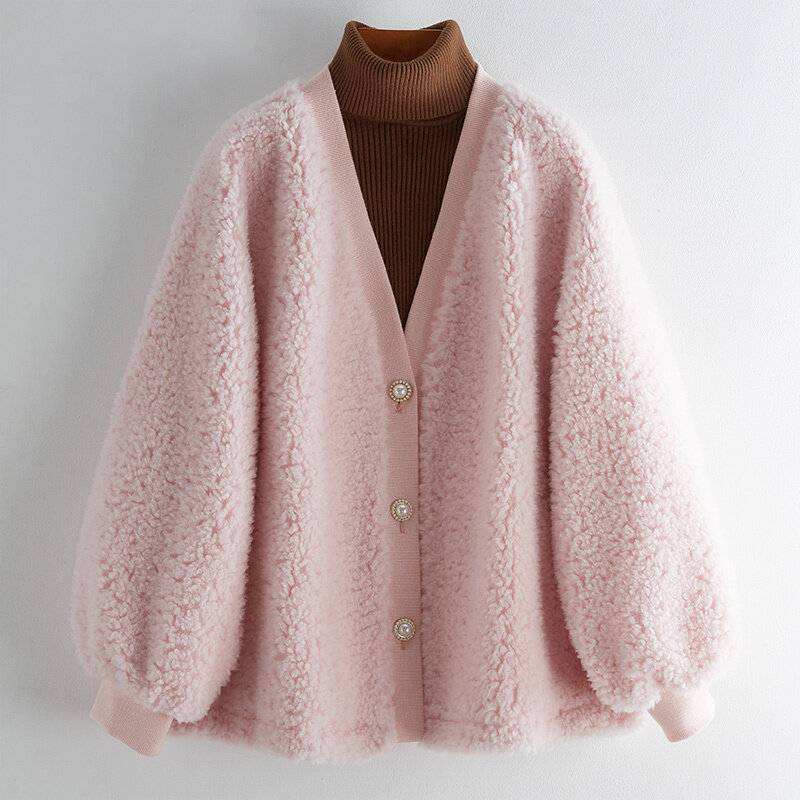 Cappotto di pelliccia donne reali vestiti invernali 100% lana giacca di pelliccia coreano rosa di alta qualità tosatura cappotti da donna Manteau Femme Hiver J6531
