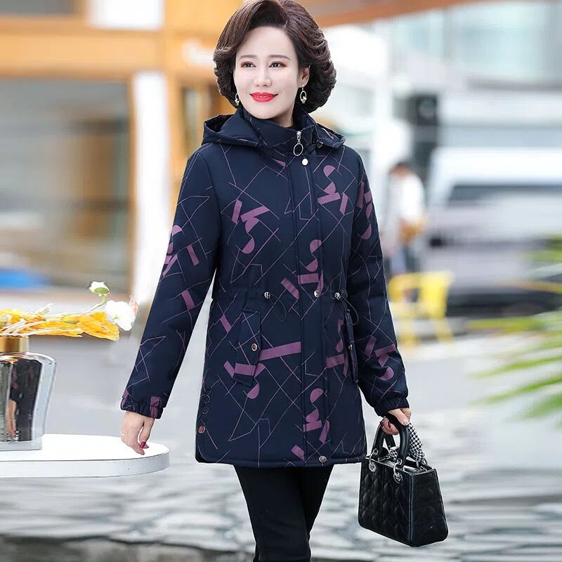 Middle-Aged Mother Winter Coat Women Parka Outcoat Medium Long Printing Hooded Add Velvet Keep Warm Down Cotton Jackets Lady 5XL