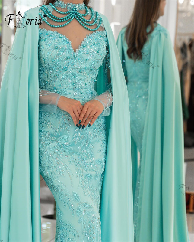 Роскошные вечерние платья-русалки с кристаллами из Дубая, длинная шаль, Цветочная аппликация, кружевное вечернее платье для выпускного вечера, платья для торжества 2023