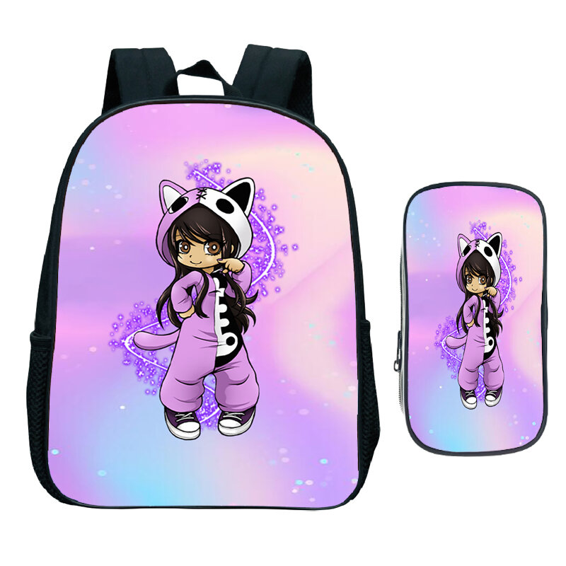 Aphmau-mochila escolar de 2 piezas para niños y niñas, morral pequeño con dibujos animados de gato, a la moda