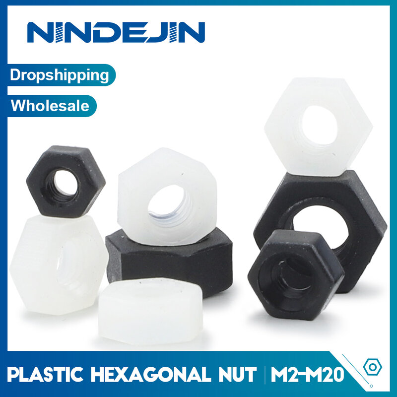 NINDEJIN-tuercas hexagonales de nailon, accesorio de plástico de 2-100 piezas, M3, M4, M5, M8, M10, M12, M14, M16, color blanco y negro, tuerca hexagonal de aislamiento