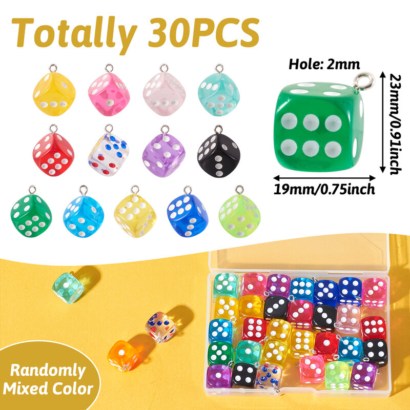30Pcs Mixed Color Transparent Resin Dice Charm Pendants for DIY Jewelry Keychain Earrings Necklace Making Accessories