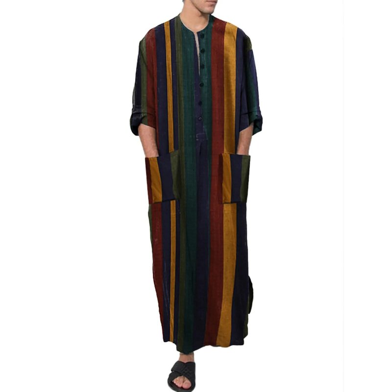 Fashion Striped Clashing Muslim Robe Muslim Men's Clothing Vintage Ethnic Style Long Sleeve Islamic Large Size Arab Robe