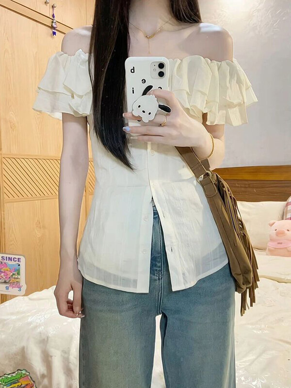 Jmprs sexy Slash Neck Rüschen Bluse Frauen elegante schlanke koreanische Hemd süßes Design schulter freie Mode alle passen lässige Tops