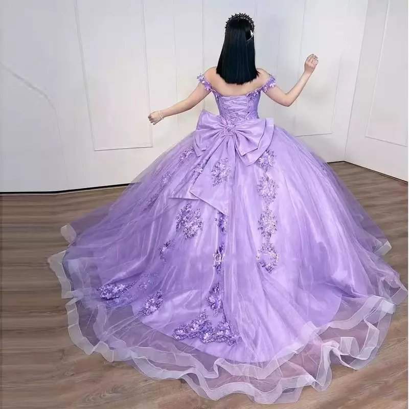 Lilac Big Bow 3D Flower Appliques Quinceanera Dresses Birthday Mexican Cinderella 16 Princess Gowns Vestidos De 15 Anos