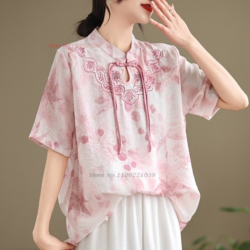 Blusa tradicional chinesa do vintage, bordado nacional do estampa da flor, Qipao melhorado, streetwear oriental, popular, 2024