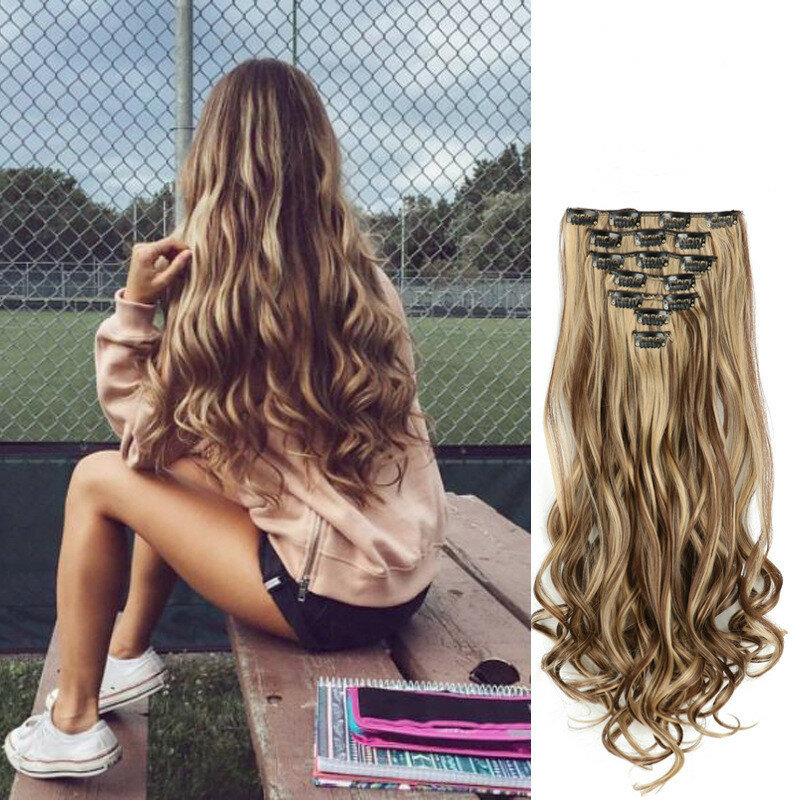 Syntetyczna 7 włosy doczepiane Clip In peruka z długimi kręconymi włosami fryzura do włosów czarna brązowa blondynka 55CM naturalna sztuczne włosy dla kobiet